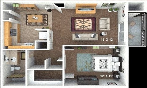 Floor plan for 1 bed, 1 bath, 600 sqft